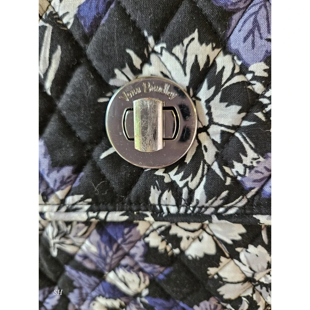 Vera Bradley Quilted Floral Tote Bag Purple Black White Turn Lock Shoulder Bag